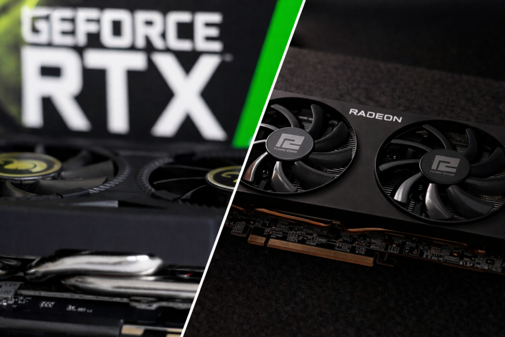 Comparação entre placas de vídeo NVIDIA GeForce RTX e AMD Radeon em composição diagonal