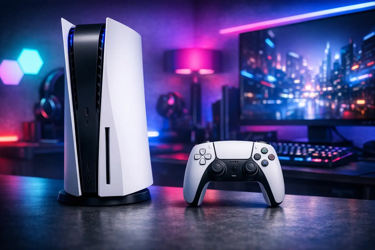 alt="Console PlayStation 5 em um quarto gamer com iluminação RGB azul e rosa, ao lado do controle DualSense, sobre uma mesa moderna"