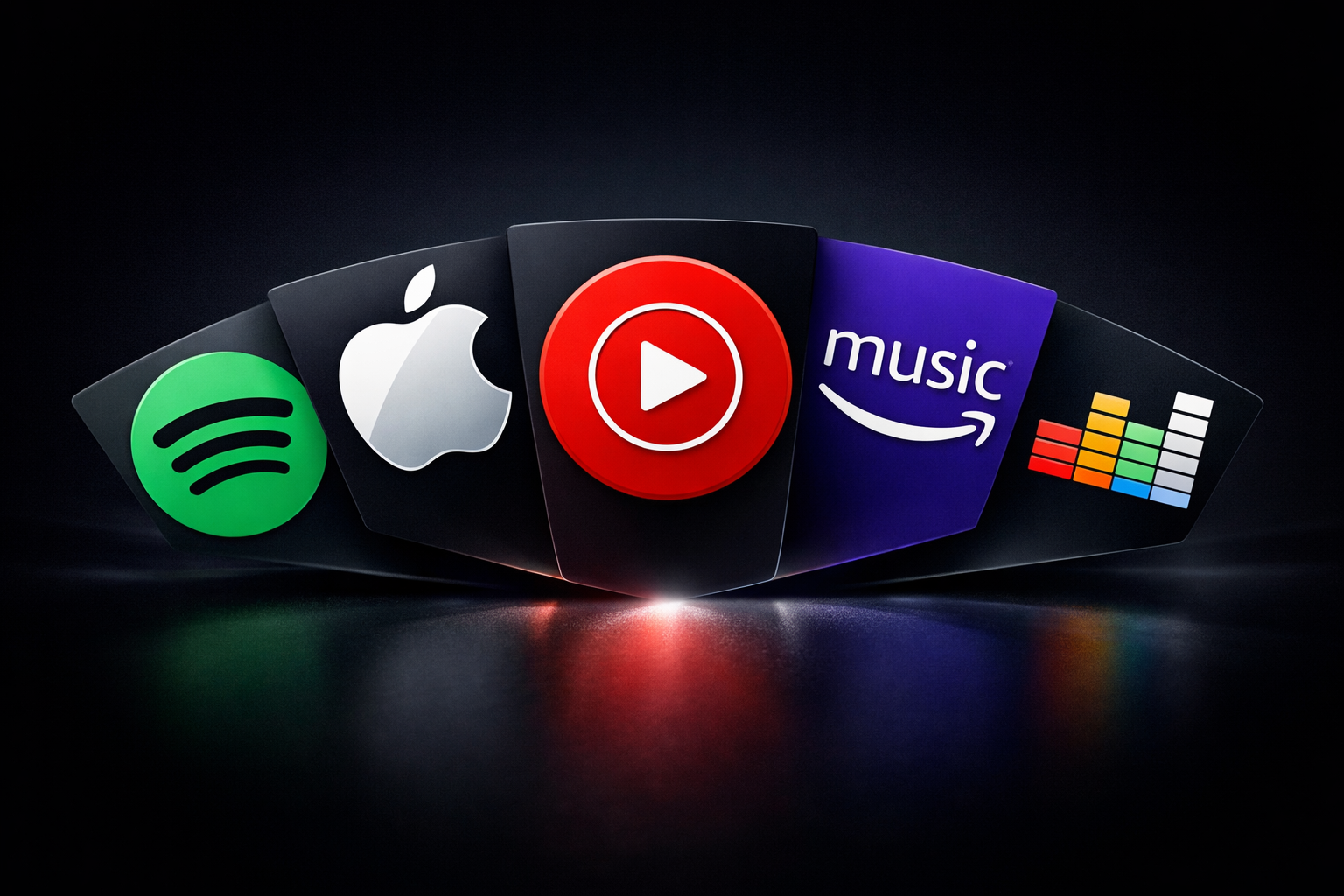 aplicativos de streaming de música como Spotify, Apple Music, YouTube Music, Amazon Music e Deezer em destaque com design moderno sobre fundo escuro