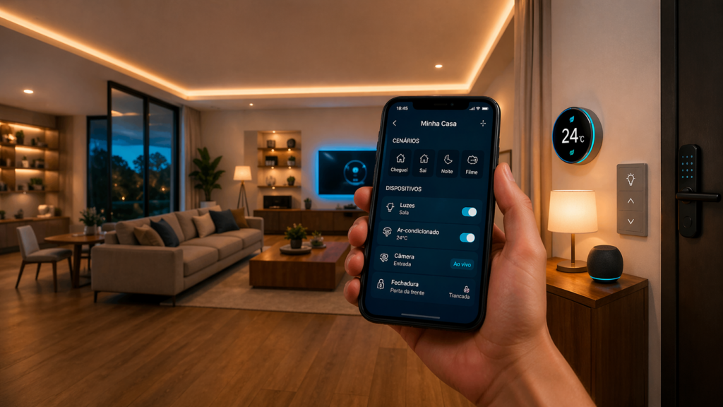 smartphone controlando dispositivos de automação residencial com inteligencia artificial em casa moderna 2026