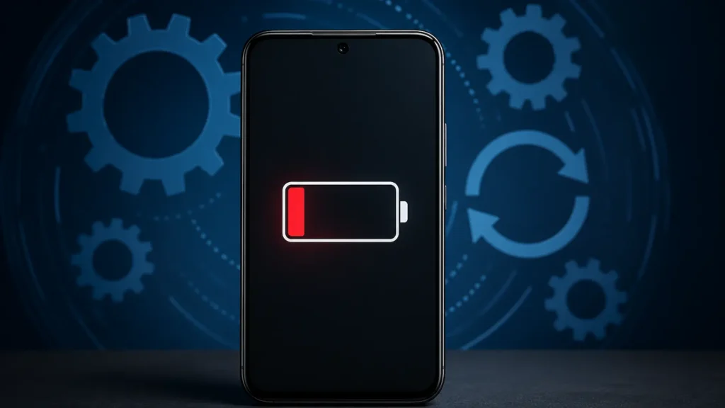 Smartphone Android exibindo ícone de bateria fraca com engrenagens de atualização ao fundo.