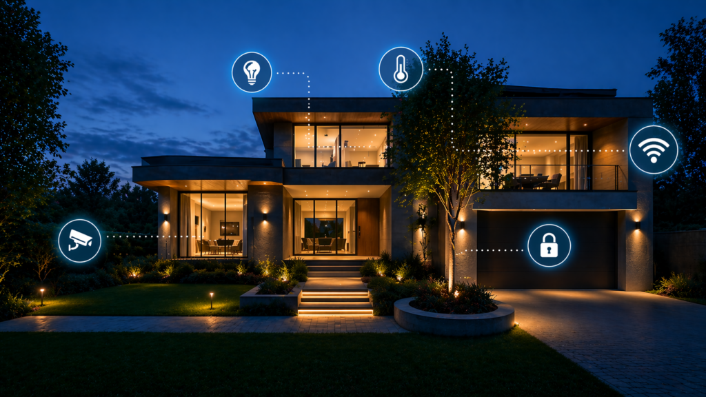 casa moderna automatizada com inteligencia artificial mostrando iluminacao seguranca e conectividade inteligente
