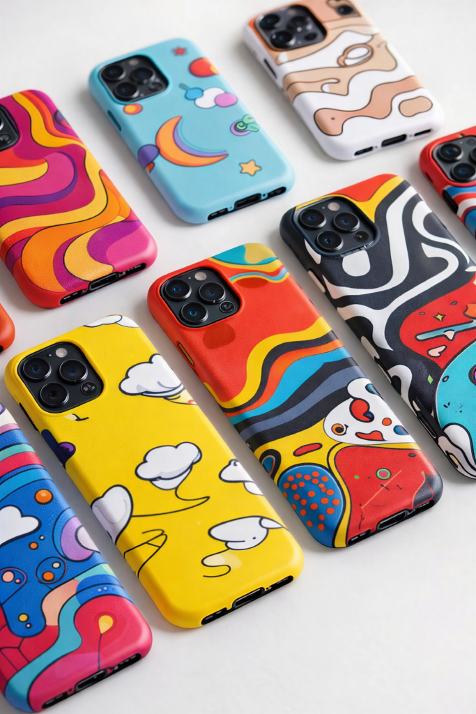 Capinhas de celular personalizadas com estampas coloridas modernas para iPhone dispostas sobre fundo branco feitas para Máquina de Personalizar Capinhas.
