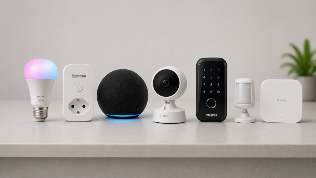 dispositivos inteligentes para automação residencial com inteligência artificial incluindo lâmpada smart câmera e assistente virtual