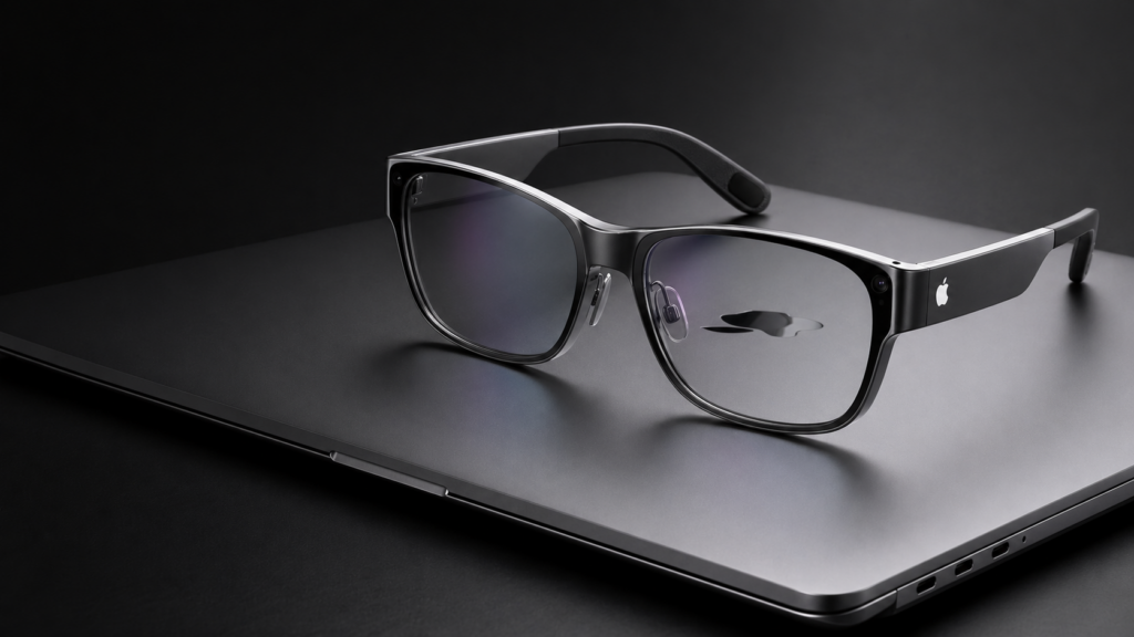 Óculos inteligentes estilo Apple Glasses posicionados sobre um MacBook fechado em acabamento cinza espacial, com design minimalista e iluminação suave destacando o visual premium em fundo escuro.
