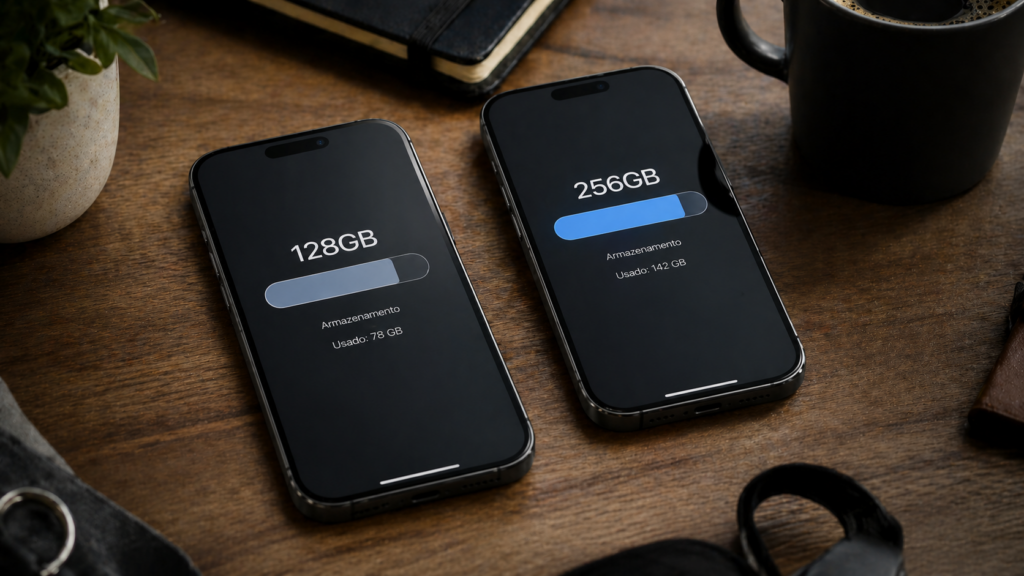 Dois smartphones modernos sobre uma mesa de madeira em ambiente realista, exibindo comparativo de armazenamento com barras de uso representando 128GB e 256GB, cercados por itens como café, caderno e planta em iluminação suave.