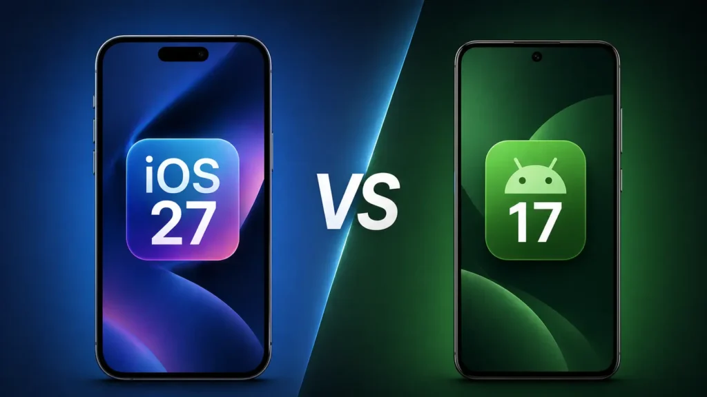 Comparação visual entre iOS 27 e Android 17 em smartphones modernos destacando diferenças de interface no segundo semestre de 2026