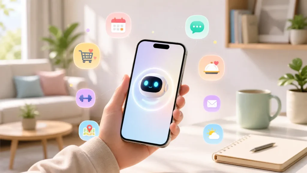 Smartphone com assistente de IA controlando tarefas do dia a dia em ambiente moderno e minimalista