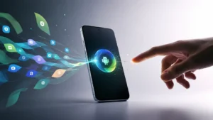 Smartphone futurista representando o Android 17 com inteligência artificial integrada do Google