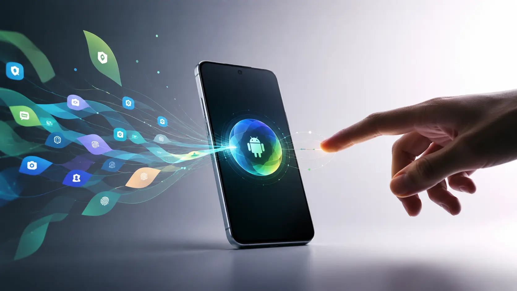Smartphone futurista representando o Android 17 com inteligência artificial integrada do Google