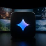 Interface futurista do Gemini Omni do Google gerando vídeos por inteligência artificial em ambiente tecnológico realista
