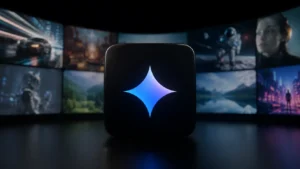 Interface futurista do Gemini Omni do Google gerando vídeos por inteligência artificial em ambiente tecnológico realista