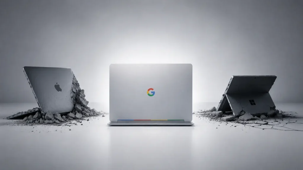 Googlebook ao centro comparado com MacBook e Surface quebrados em fundo minimalista