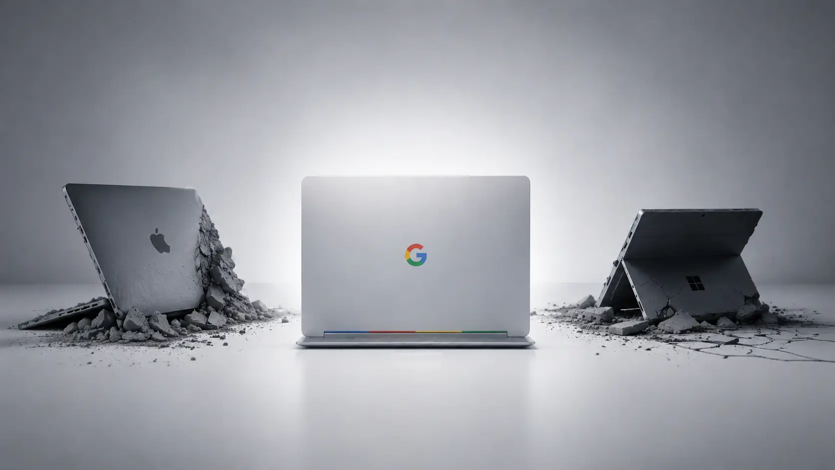 Googlebook ao centro comparado com MacBook e Surface quebrados em fundo minimalista