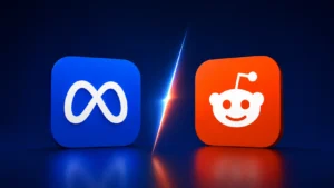 Ícones da Meta e Reddit em destaque representando a nova plataforma Forum e a disputa entre redes sociais focadas em comunidades