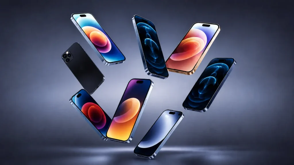 Render 3D de smartphones modernos flutuando em fundo escuro com design premium e telas coloridas