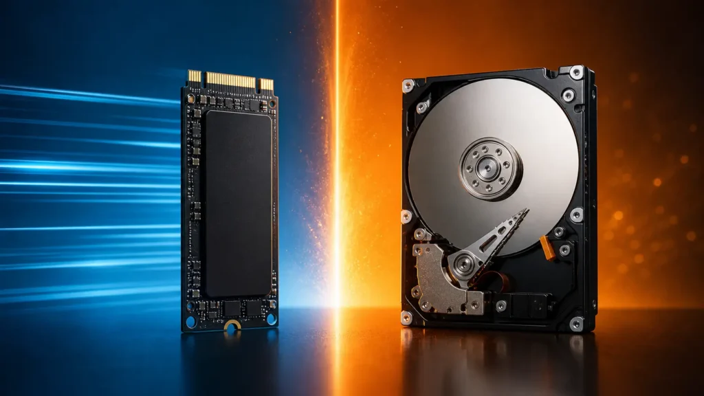 Comparação visual entre SSD NVMe e HD mostrando diferença de tecnologia e desempenho em 2026