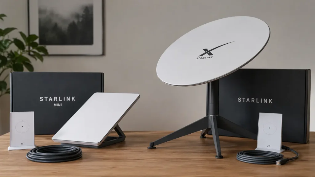 Kit Starlink Mini e Starlink Padrão lado a lado mostrando antenas, roteadores e acessórios em ambiente interno