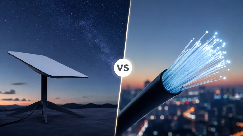 Antena Starlink sob céu estrelado comparada a cabo de fibra óptica com luzes em cidade ao fundo