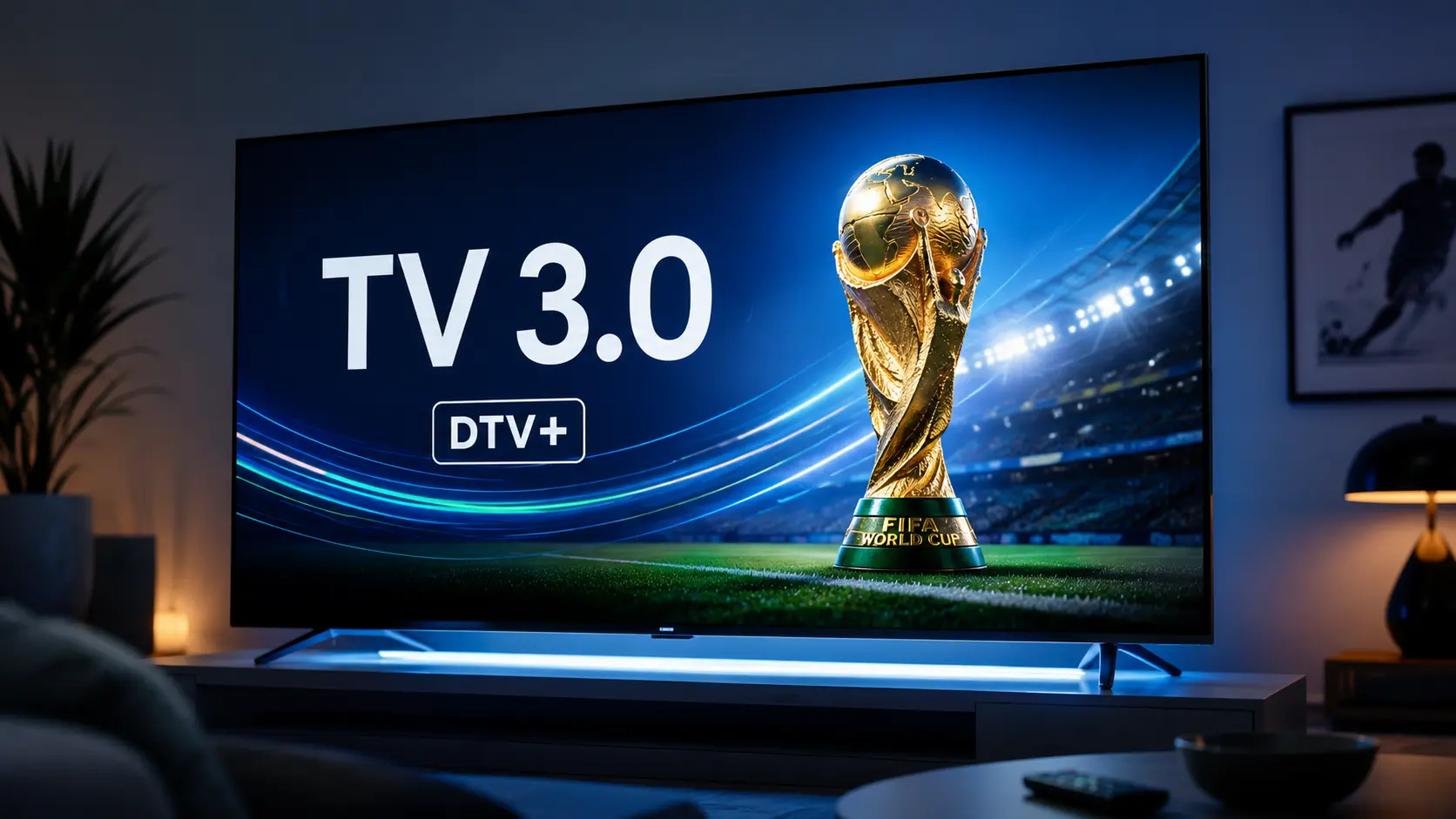 Tela de TV 3.0 DTV+ exibindo transmissão da Copa do Mundo de 2026 em ambiente moderno e tecnológico