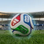 Bola de futebol tecnológica inspirada no modelo Trionda, posicionada no gramado de um estádio de futebol, com gráficos digitais flutuantes indicando sensores de movimento e aerodinâmica avançada para a Copa de 2026.