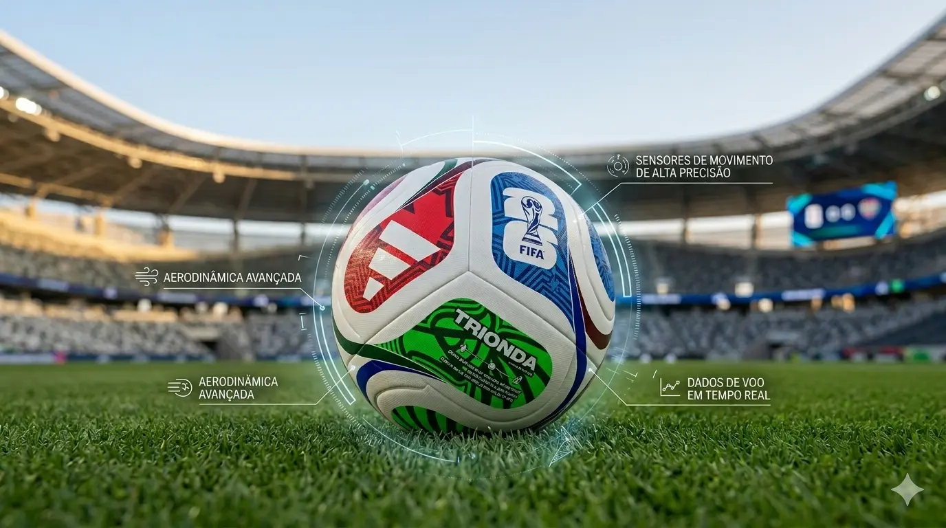 Bola de futebol tecnológica inspirada no modelo Trionda, posicionada no gramado de um estádio de futebol, com gráficos digitais flutuantes indicando sensores de movimento e aerodinâmica avançada para a Copa de 2026.