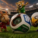 Mascotes da Copa do Mundo 2026 observando a bola Trionda com tecnologia de sensor interno em estádio lotado, destacando o chip inteligente da bola oficial.