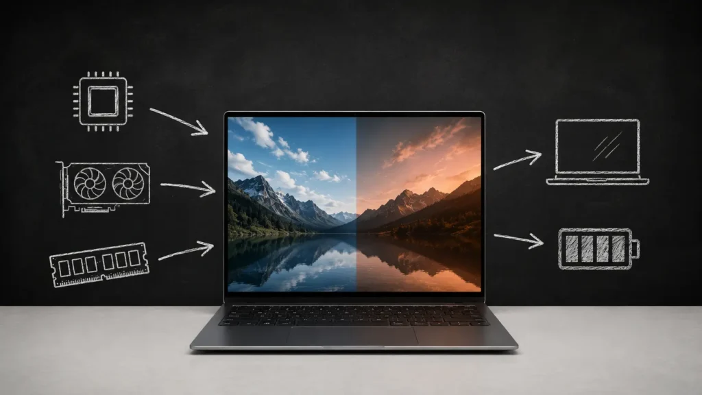 Notebook ultrafino moderno sobre mesa minimalista com elementos ilustrativos de CPU, GPU, RAM, tela e bateria em estilo quadro negro.