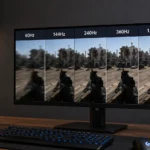 Comparação visual entre monitores de 60Hz, 144Hz, 240Hz, 360Hz e 1040Hz mostrando diferenças de fluidez e nitidez em jogos competitivos