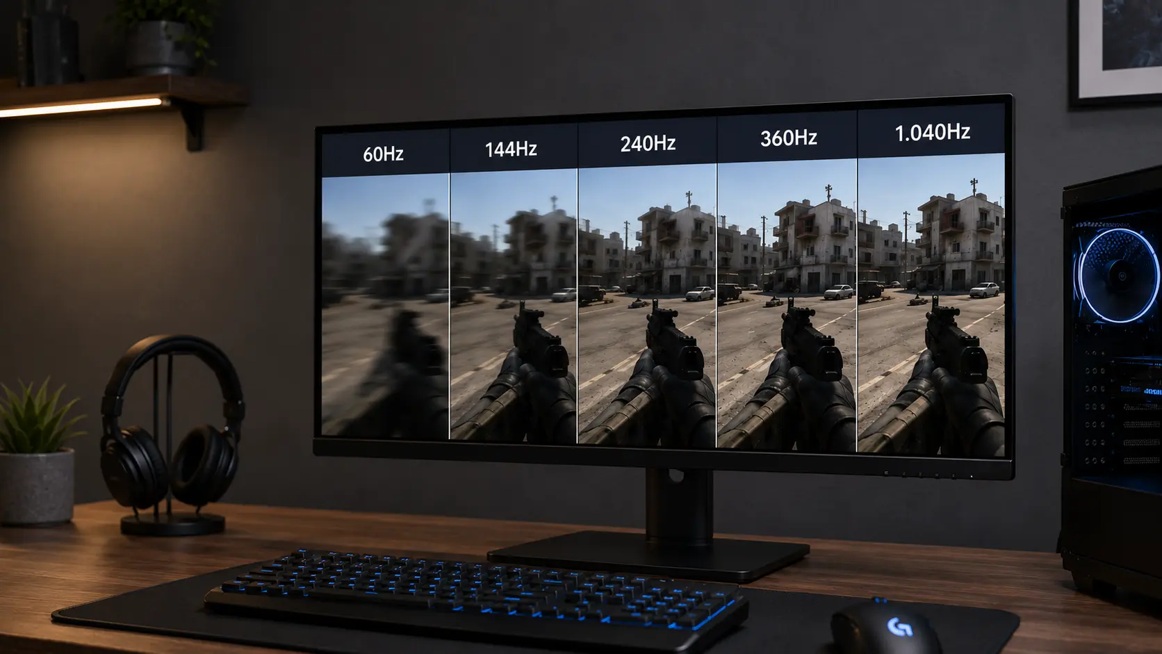 Comparação visual entre monitores de 60Hz, 144Hz, 240Hz, 360Hz e 1040Hz mostrando diferenças de fluidez e nitidez em jogos competitivos