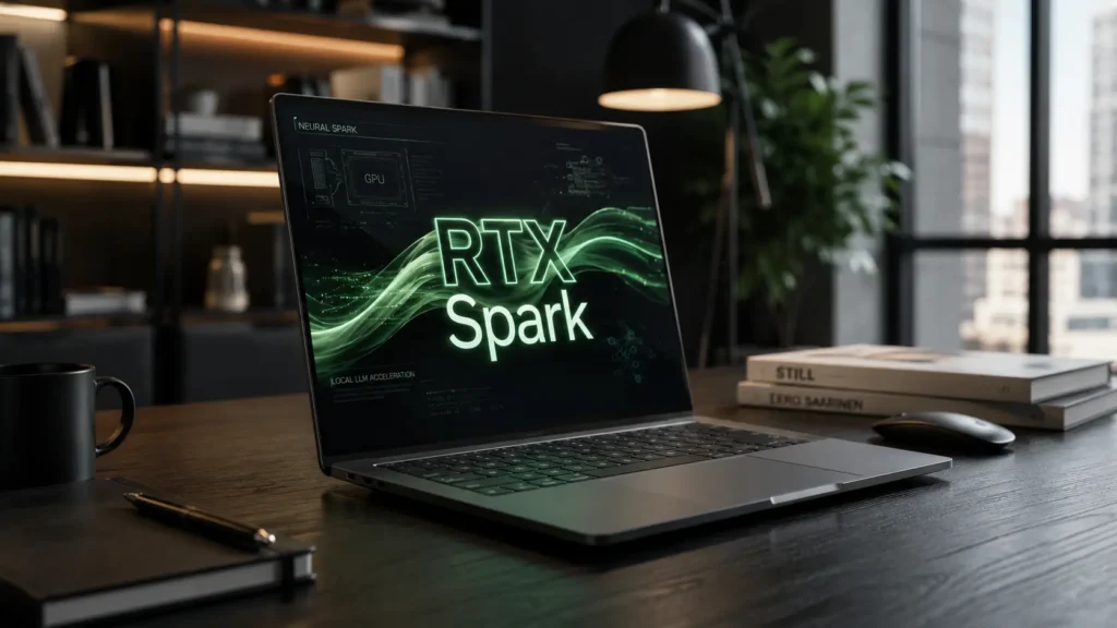 Notebook exibindo a plataforma RTX Spark com processamento de inteligência artificial local acelerado por GPU em ambiente profissional de tecnologia