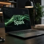Notebook exibindo a plataforma RTX Spark com processamento de inteligência artificial local acelerado por GPU em ambiente profissional de tecnologia