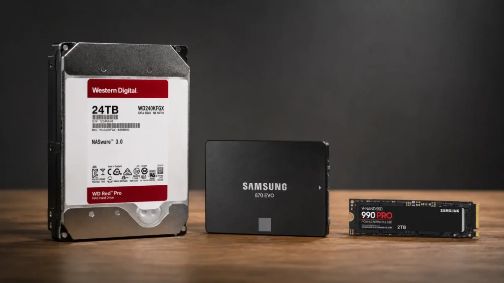 Comparação entre HDD, SSD SATA e SSD NVMe lado a lado sobre uma mesa, mostrando a evolução das tecnologias de armazenamento em 2026.
