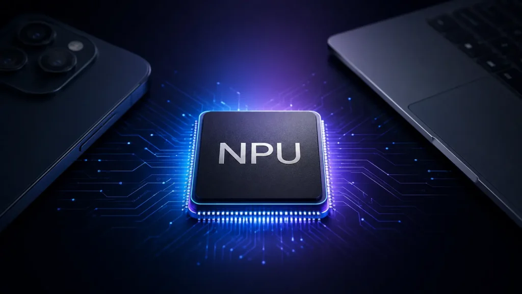 Chip NPU em destaque conectado a notebook e smartphone representando processamento avançado para inteligência artificial em dispositivos modernos.