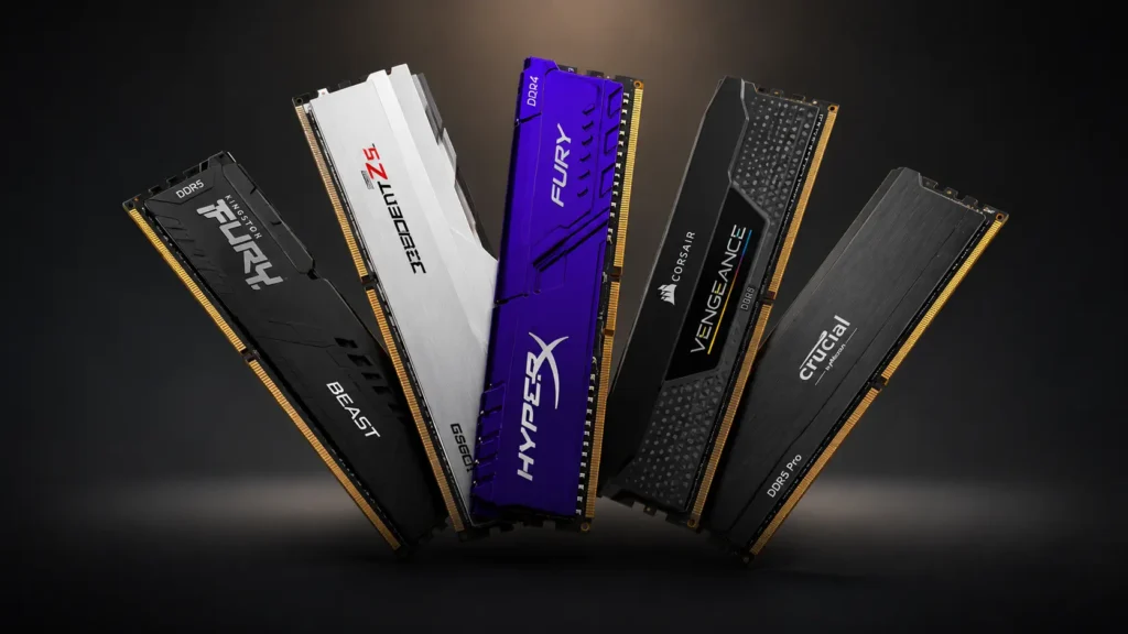 Cinco módulos de memória RAM DDR5 de diferentes marcas organizados em formato de leque, representando as capacidades de 8GB, 16GB, 32GB e 64GB para PCs em 2026.