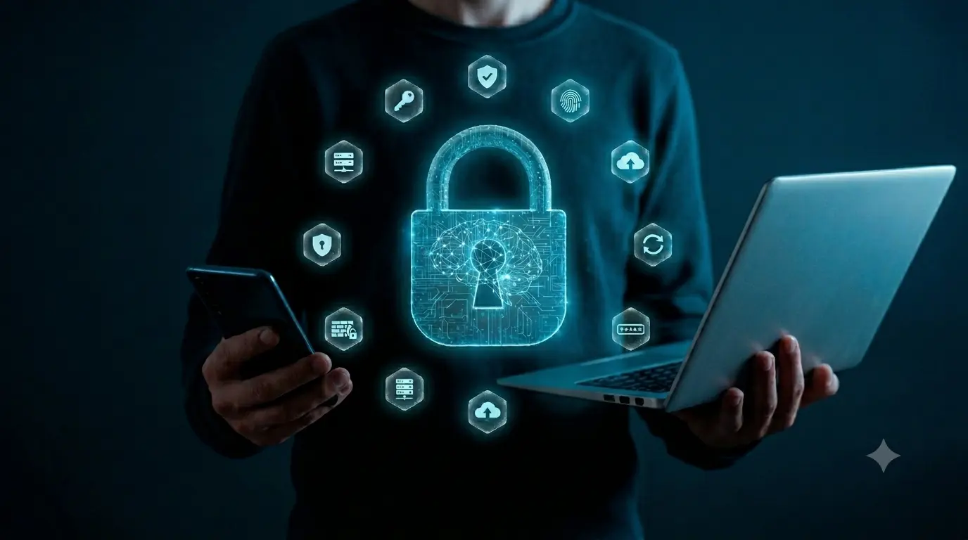 Pessoa utilizando smartphone e notebook com cadeado digital holográfico e ícones de cibersegurança representando proteção de dados, autenticação e segurança na nuvem.