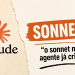 Logo do Claude ao lado do título Sonnet 5 com a frase "o Sonnet mais agente já criado", representando o modelo de IA da Anthropic.
