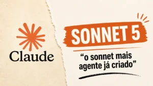 Logo do Claude ao lado do título Sonnet 5 com a frase "o Sonnet mais agente já criado", representando o modelo de IA da Anthropic.